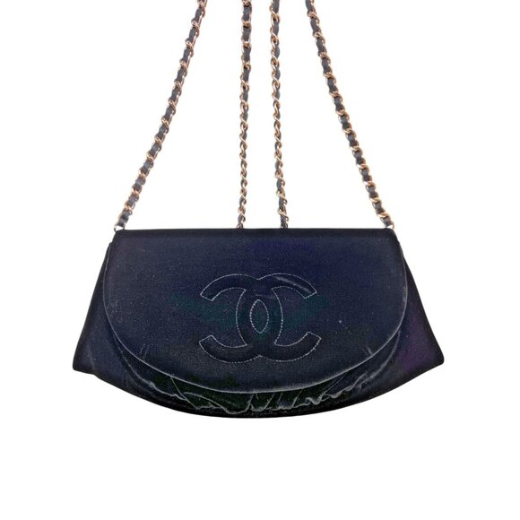 CHANEL  Half Moon  Black Velvet Leather Wallet on Chain Clutch Shoulder Bag Auth - Picture 11 of 16